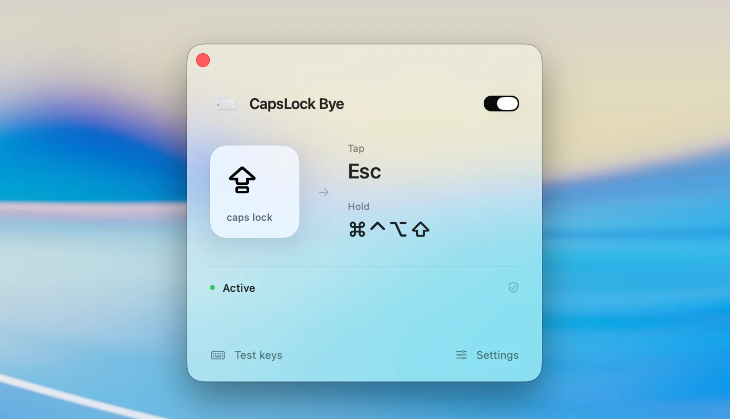 CapsLock Bye 原生 macOS 界面，展示轻点 Esc、长按 Hyper 和已启用状态